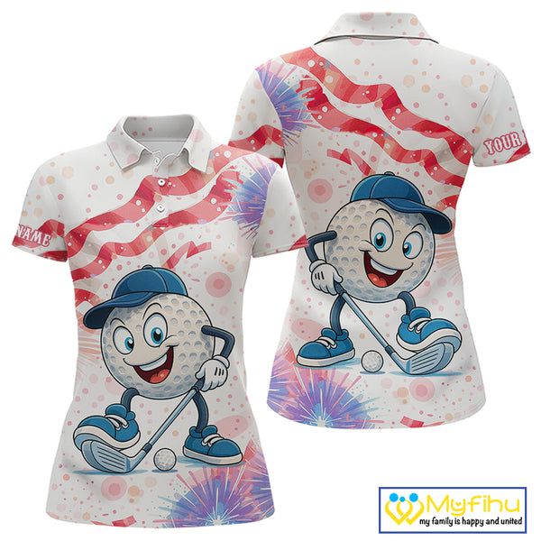 Funny Golf Ball Watercolor red, white and blue Women golf polo shirt custom patriotic fun golf shirts NQS10293