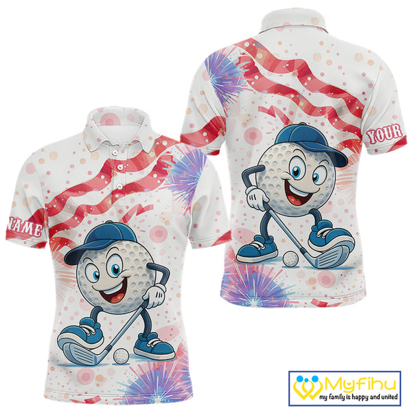 Funny Golf Ball Watercolor red, white and blue Mens golf polo shirts custom patriotic fun golf shirts NQS10293