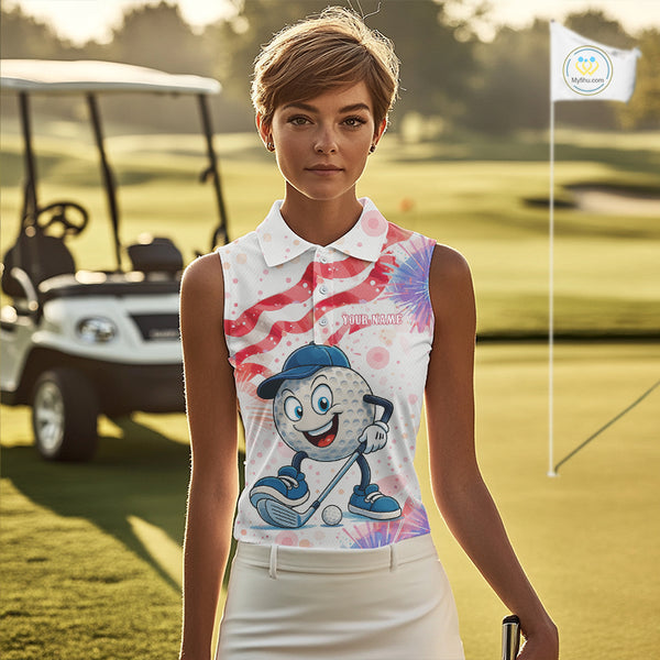 Funny Golf Ball Watercolor red, white and blue Sleeveless Polo Shirt custom patriotic fun golf shirts NQS10293