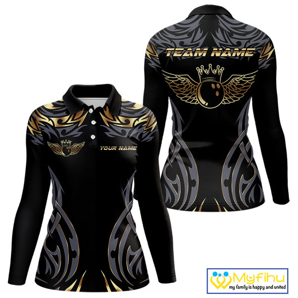 Personalized Black And Gold tribal pattern Bowling Shirts For Women, angel wings Bowling Team jerseys NQS10298