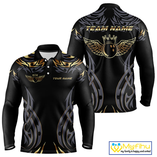 Personalized Black And Gold tribal pattern Bowling Shirts For Men, angel wings Bowling Team jerseys NQS10298