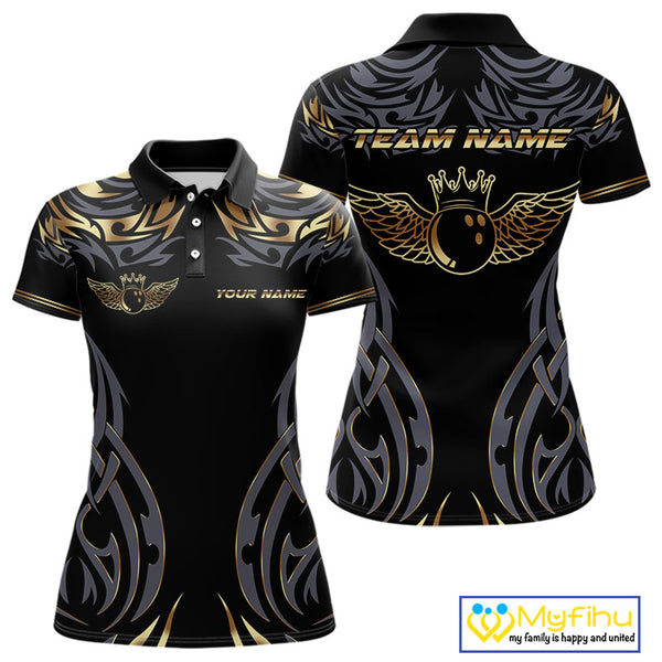 Personalized Black And Gold tribal pattern Bowling Shirts For Women, angel wings Bowling Team jerseys NQS10298