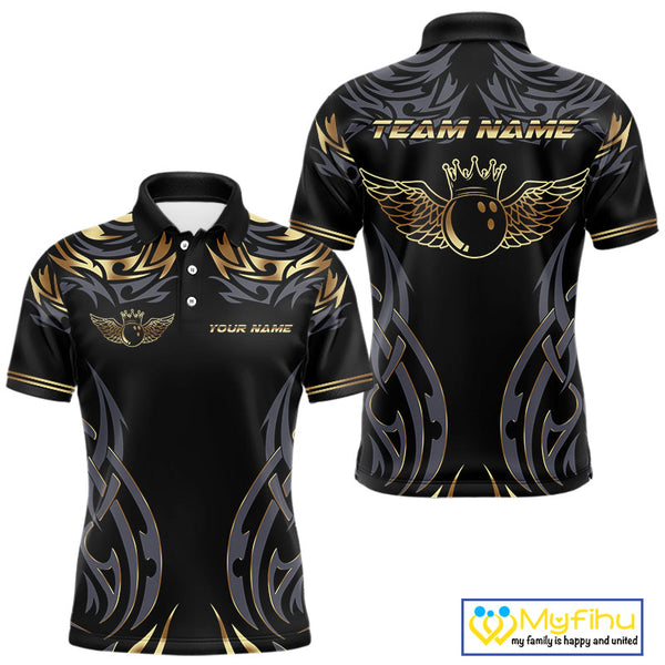 Personalized Black And Gold tribal pattern Bowling Shirts For Men, angel wings Bowling Team jerseys NQS10298