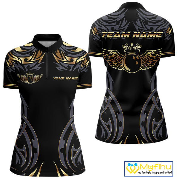 Personalized Black And Gold tribal pattern Bowling Shirts For Women, angel wings Bowling Team jerseys NQS10298