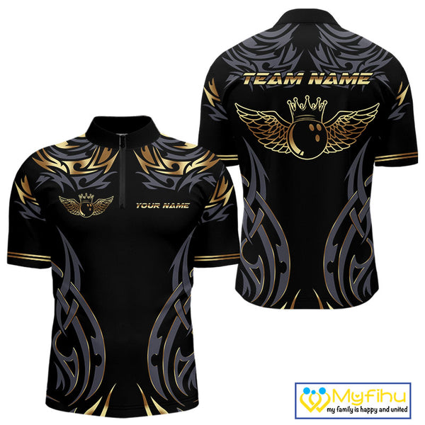 Personalized Black And Gold tribal pattern Bowling Shirts For Men, angel wings Bowling Team jerseys NQS10298