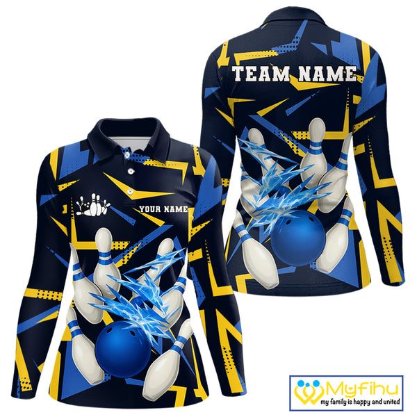 Personalized Blue & Yellow camo lightning thunder Bowling Shirts For Women Custom Bowling Team jersey NQS10305