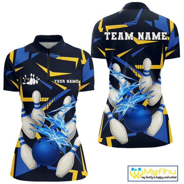 Personalized Blue & Yellow camo lightning thunder Bowling Shirts For Women Custom Bowling Team jersey NQS10305