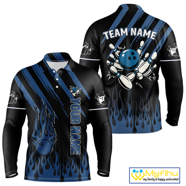 Black and Blue Flame Retro Bowling Polo, Quarter Zip Shirt for Men Custom Vintage Team Bowling Jersey NQS10504