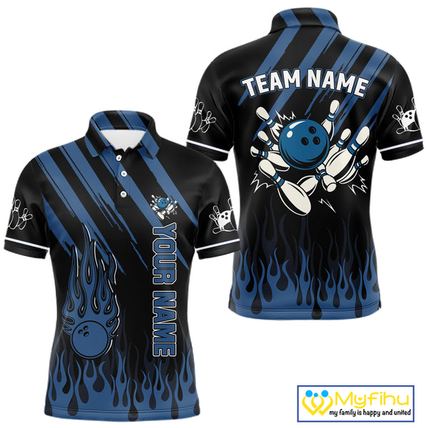 Black and Blue Flame Retro Bowling Polo, Quarter Zip Shirt for Men Custom Vintage Team Bowling Jersey NQS10504