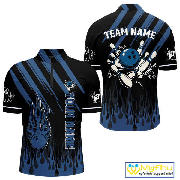 Black and Blue Flame Retro Bowling Polo, Quarter Zip Shirt for Men Custom Vintage Team Bowling Jersey NQS10504