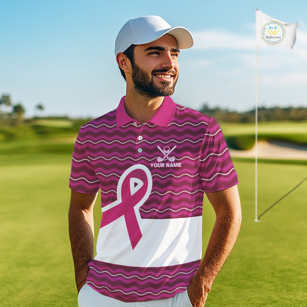 Pink ribbon Mens polo golf shirts Custom Breast cancer awareness team golf attire for men NQS10509