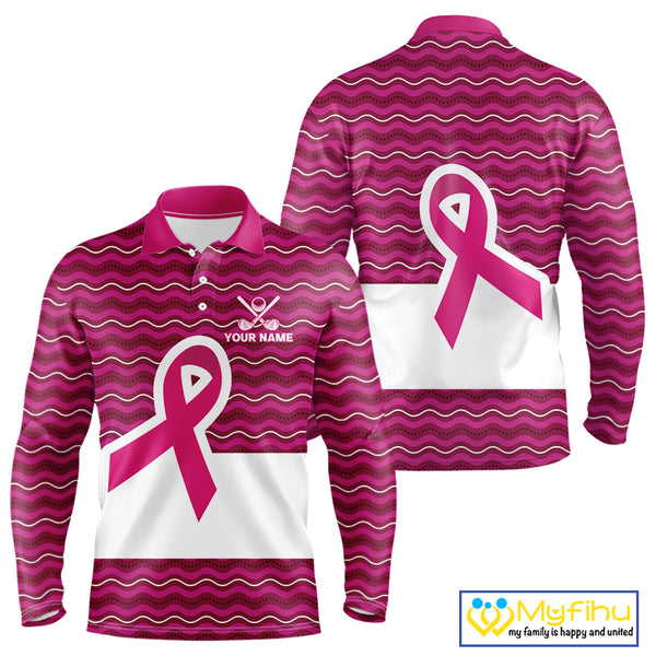 Pink ribbon Mens polo golf shirts Custom Breast cancer awareness team golf attire for men NQS10509