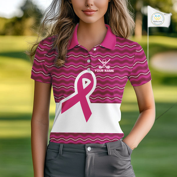 Pink ribbon Women polo golf shirts Custom Breast cancer awareness team golf attire for ladies NQS10509