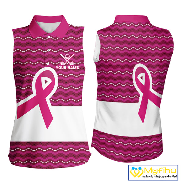 Pink ribbon Sleeveless polo golf shirts Custom Breast cancer awareness team golf attire for ladies NQS10509