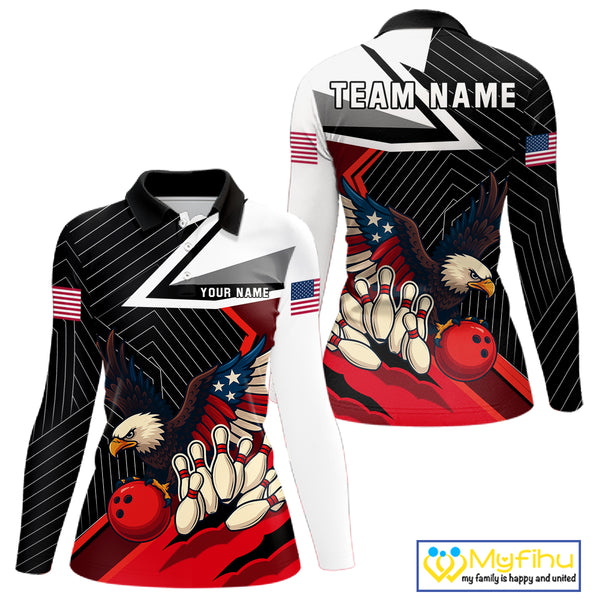 Black and Red American Flag Eagle Bowling Shirts for Women Custom patriotic Team Bowling Jersey NQS10517