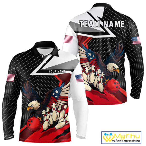 Black and Red American Flag Eagle Bowling Shirts for Men Custom patriotic Team Bowling League Jersey NQS10517