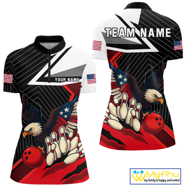 Black and Red American Flag Eagle Bowling Shirts for Women Custom patriotic Team Bowling Jersey NQS10517
