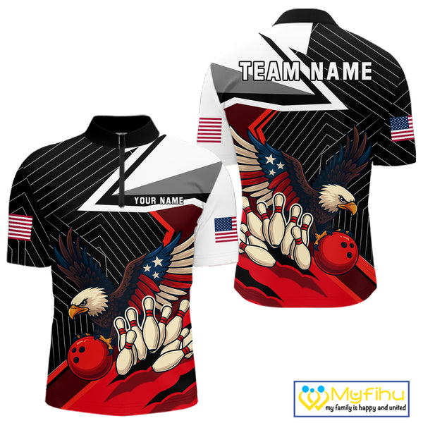 Black and Red American Flag Eagle Bowling Shirts for Men Custom patriotic Team Bowling League Jersey NQS10517