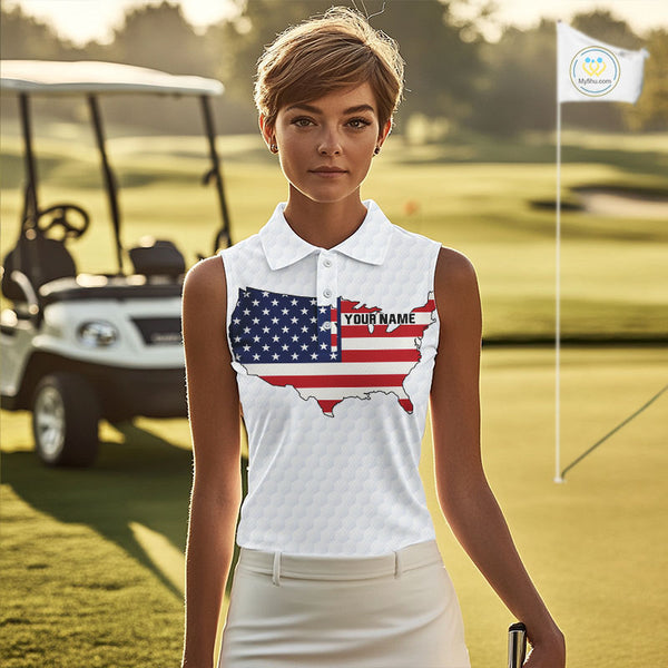 Personalized American Flag Women sleeveless polo shirt Custom Patriotic Golf outfit For ladies NQS10183