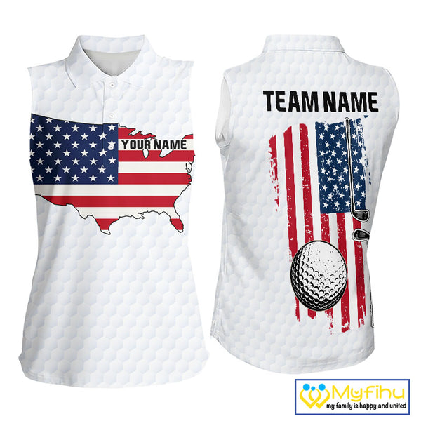 Personalized American Flag Women sleeveless polo shirt Custom Patriotic Golf outfit For ladies NQS10183