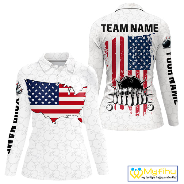 Personalized American Flag White Bowling Shirts For Women Custom patriotic Team Bowling jerseys NQS10184