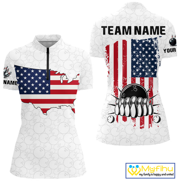Personalized American Flag White Bowling Shirts For Women Custom patriotic Team Bowling jerseys NQS10184