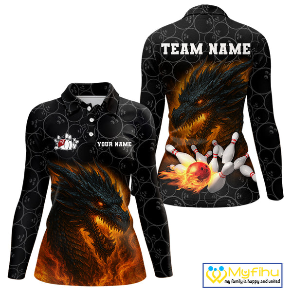 Custom Black Camo Flame Dragon Bowling Team Shirts For Women, Bowling Uniform gift for bowlers NQS10320
