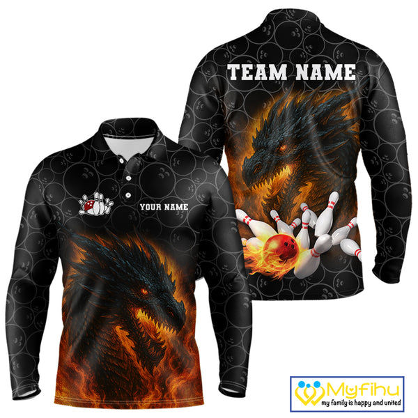 Custom Black Camo Flame Dragon Bowling Team Shirts For Men, Bowling Uniform gift for bowlers NQS10320