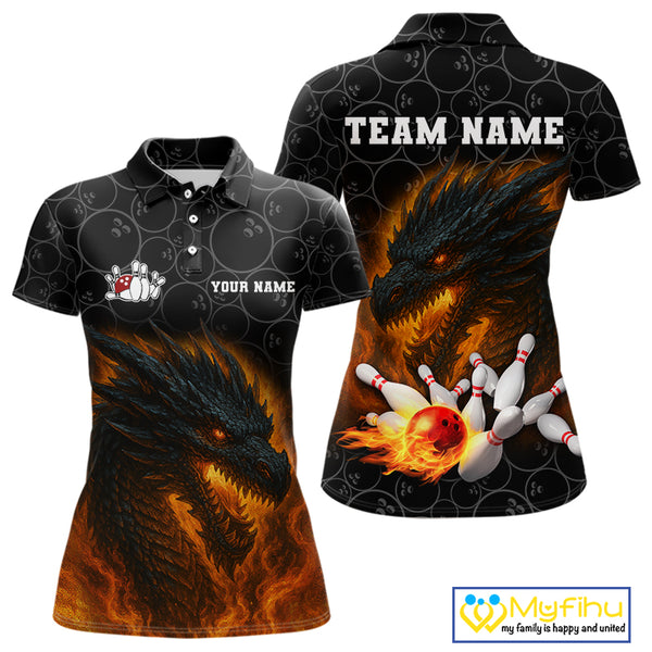 Custom Black Camo Flame Dragon Bowling Team Shirts For Women, Bowling Uniform gift for bowlers NQS10320