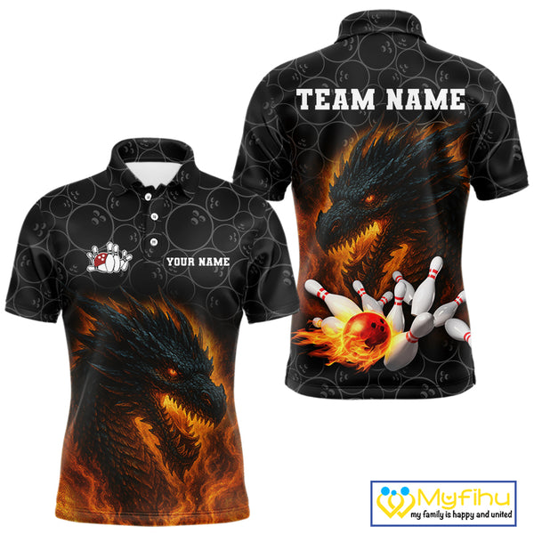Custom Black Camo Flame Dragon Bowling Team Shirts For Men, Bowling Uniform gift for bowlers NQS10320