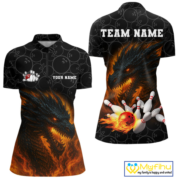 Custom Black Camo Flame Dragon Bowling Team Shirts For Women, Bowling Uniform gift for bowlers NQS10320