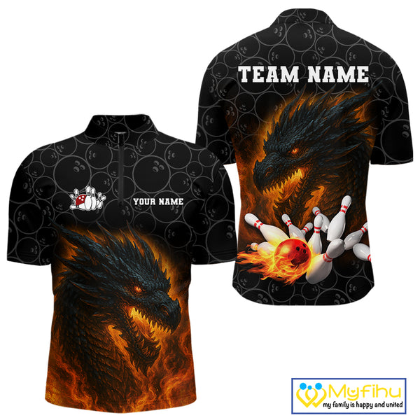 Custom Black Camo Flame Dragon Bowling Team Shirts For Men, Bowling Uniform gift for bowlers NQS10320
