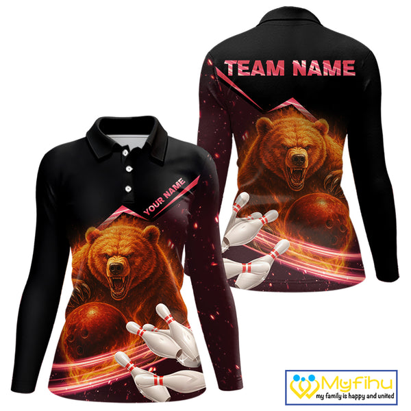 Custom Flame Bear Bowling Team Polo, Quarter zip Shirts For Women, Team Bowling Uniform NQS10321