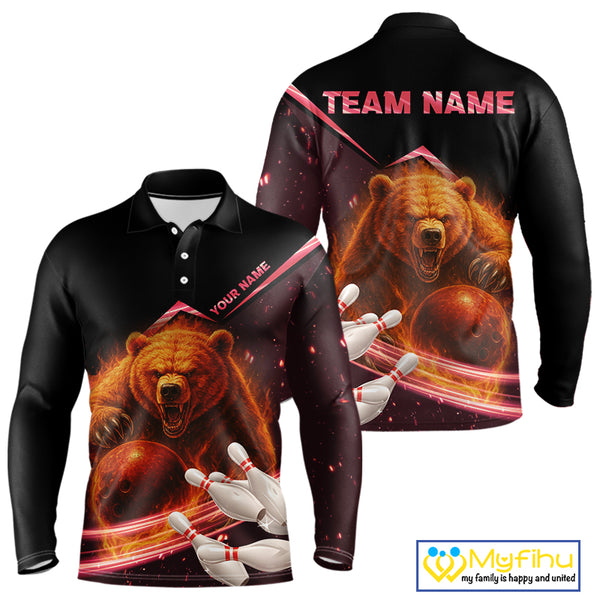 Custom Flame Bear Bowling Team Polo, Quarter zip Shirts For Men, Team Bowling Uniform NQS10321