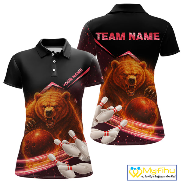 Custom Flame Bear Bowling Team Polo, Quarter zip Shirts For Women, Team Bowling Uniform NQS10321