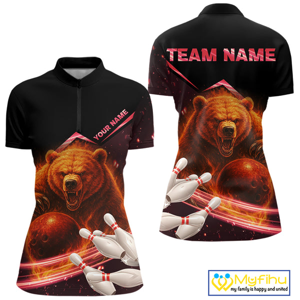 Custom Flame Bear Bowling Team Polo, Quarter zip Shirts For Women, Team Bowling Uniform NQS10321