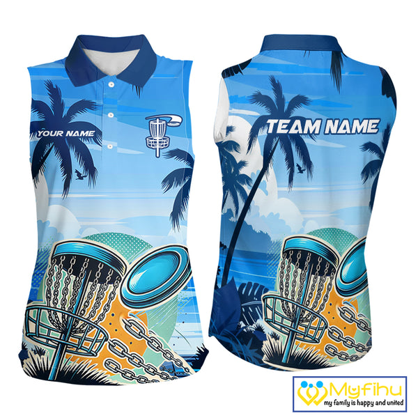 Blue Disc golf basket Women Sleeveless Disc golf polo shirts Custom team disc golf jerseys NQS10021