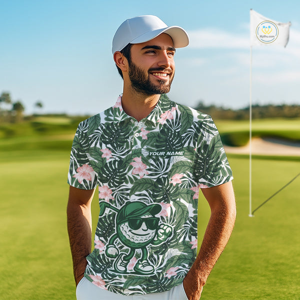 Green tropical leaf pattern pink flower funny Golf polo shirts For Men Custom mens golf outfits NQS10023