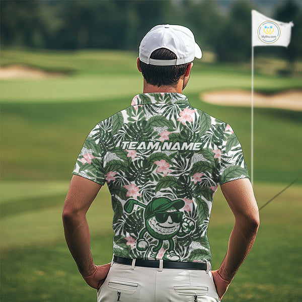 Green tropical leaf pattern pink flower funny Golf polo shirts For Men Custom mens golf outfits NQS10023