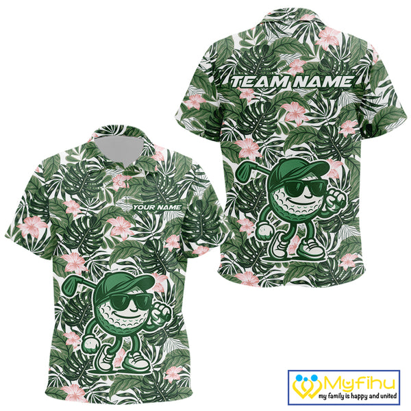 Green tropical leaf pattern pink flower funny Golf polo shirts for Kid Custom Kid golf outfits NQS10023