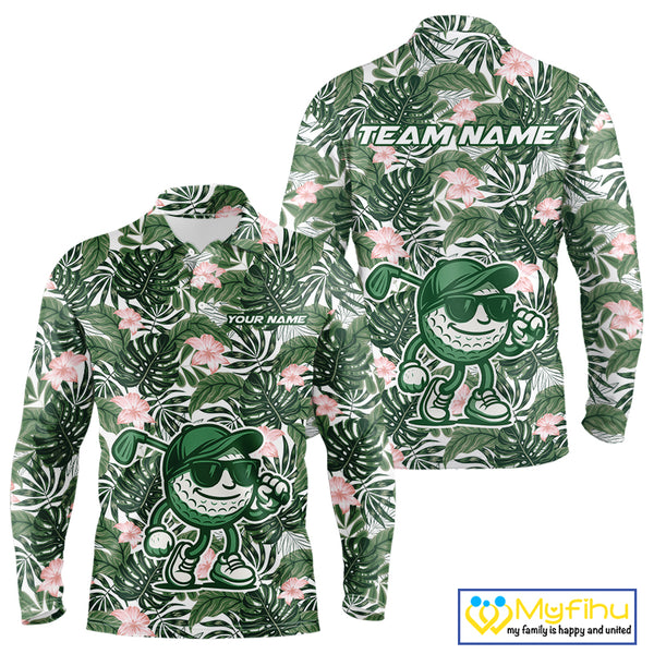 Green tropical leaf pattern pink flower funny Golf polo shirts For Men Custom mens golf outfits NQS10023