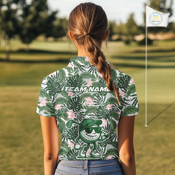 Green tropical leaf pattern pink flower funny Golf polo shirts for Women Custom ladies golf outfits NQS10023