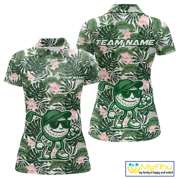 Green tropical leaf pattern pink flower funny Golf polo shirts for Women Custom ladies golf outfits NQS10023