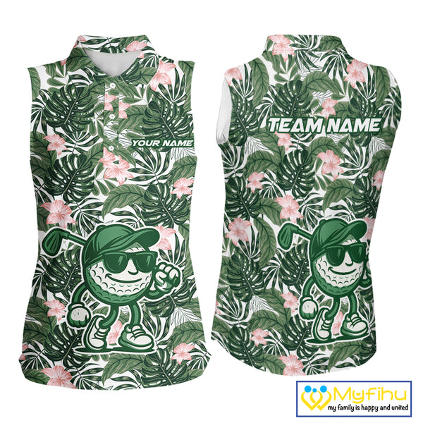 Green tropical leaf pattern pink flower funny Sleeveless Golf polo shirts Custom ladies golf outfits NQS10023