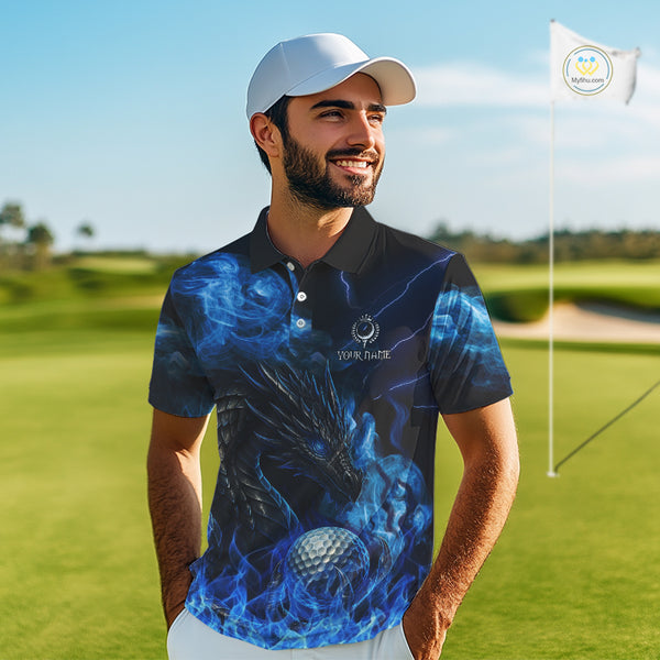 Blue Flame Dragon Golf polo shirts For Men Custom Dragon team mens golf outfits, gift for golf lover NQS10024