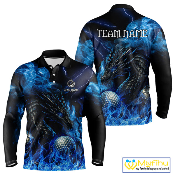 Blue Flame Dragon Golf polo shirts For Men Custom Dragon team mens golf outfits, gift for golf lover NQS10024