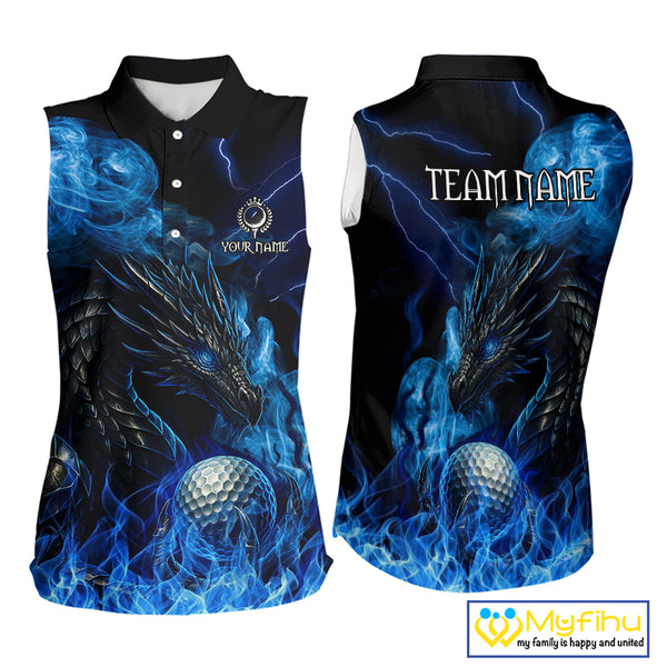 Blue Flame Dragon Sleeveless Golf polo shirt Custom Dragon team golf outfit, gift for golf lover NQS10024