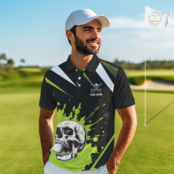 Black and Green Skull Golf polo shirts For Men Custom team golf outfits men, cool golf gifts NQS10025