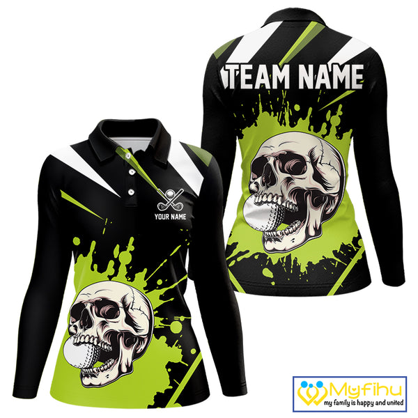 Black and Green Skull Golf polo shirts for Women Custom team golf outfits ladies, cool golf gifts NQS10025