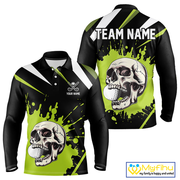 Black and Green Skull Golf polo shirts For Men Custom team golf outfits men, cool golf gifts NQS10025